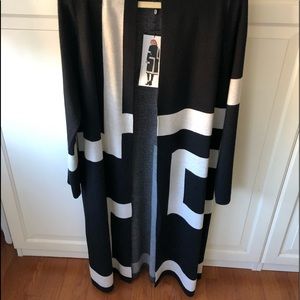 Black and white geometric long cardigan sweater